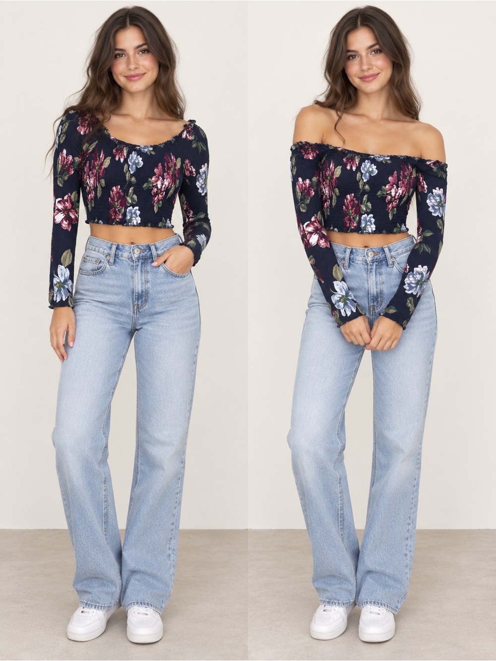 Off-Shoulder Navy Floral Smocked Long-Sleeve Crop Top
